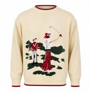 Vintage Tail Mens Golf Intarsia Knit Sweater Cream Red Green Size Medium